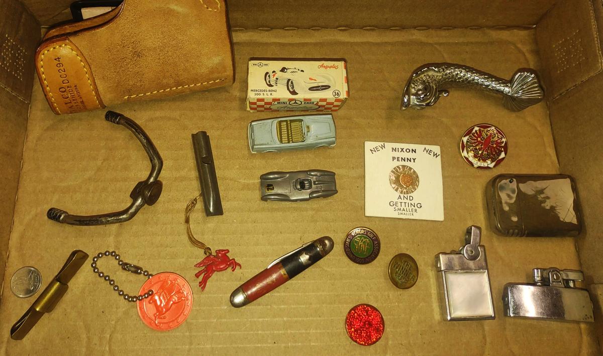 VINTAGE TOYS, MOTORCYLE HANDLE BARS, MOBILE OIL PEGASUS ITEMS,PINS, ETC.