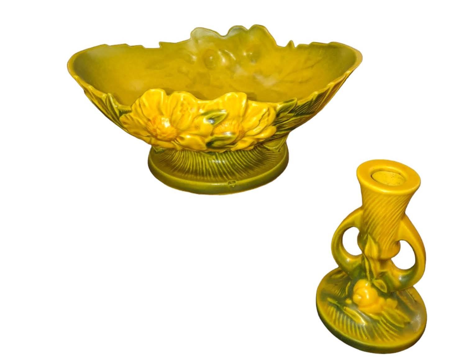 VINTAGE ROSEVILLE ART POTTERY PEONY CONSOLE BOWL & CANDLESTICK  - PICK UP ONLY