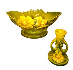 VINTAGE ROSEVILLE ART POTTERY PEONY CONSOLE BOWL & CANDLESTICK  - PICK UP ONLY