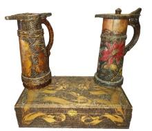 ANTIQUE PYROGRAPHY DECORATED TANKARDS & GLOVE BOX - PICK UP ONLY
