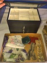 VINTAGE RIBBON, HANKIES & NEWER JEWELRY BOX - PICK UP ONLY