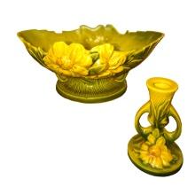 VINTAGE ROSEVILLE ART POTTERY PEONY CONSOLE BOWL & CANDLESTICK  - PICK UP ONLY