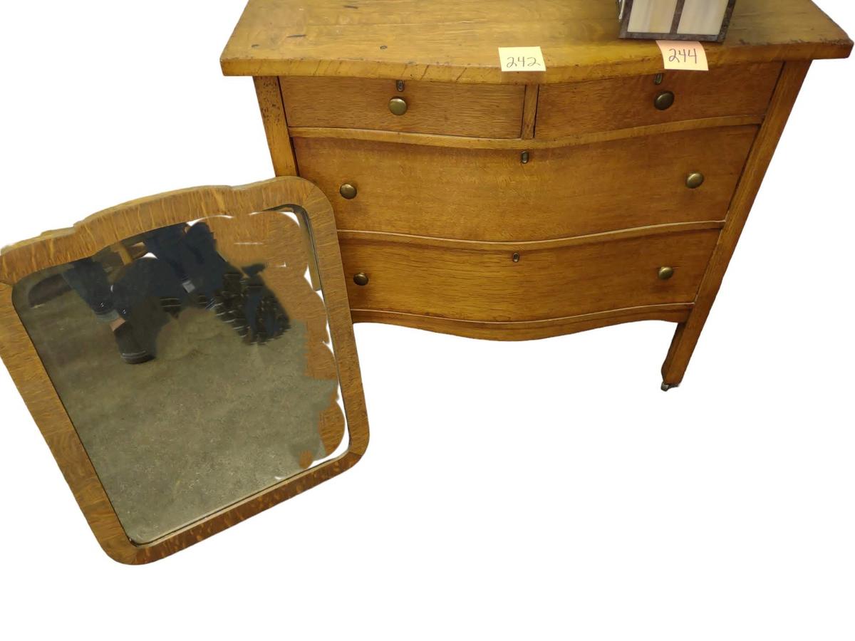 ANTIQUE OAK CHEST-0F-DRAWERS & MIRROR- PICK UP ONLY