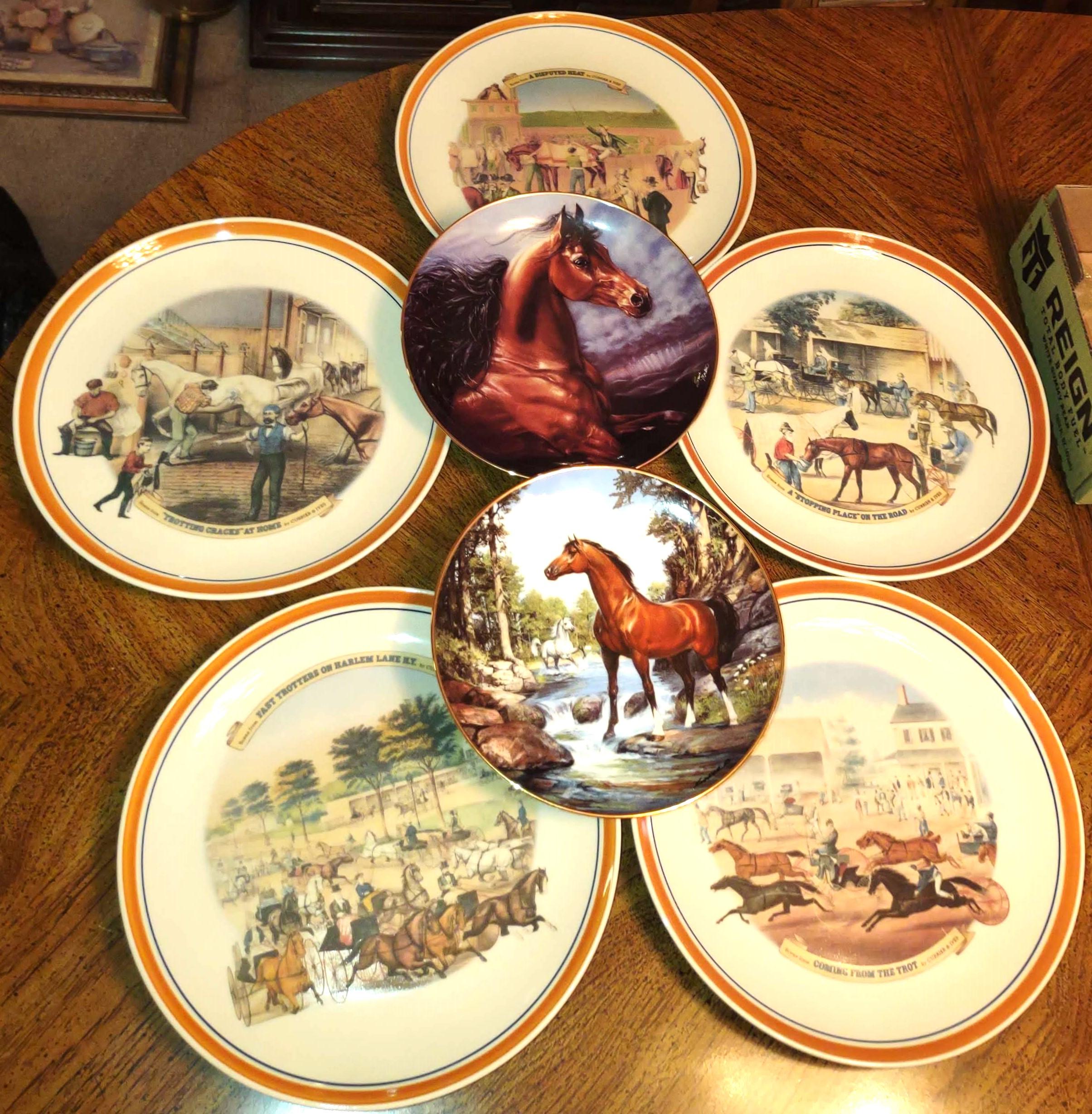PAIR OF DANBURY MINT + SET OF 5 CURRIER & IVES HORSE PLATES - PICK UP ONLY