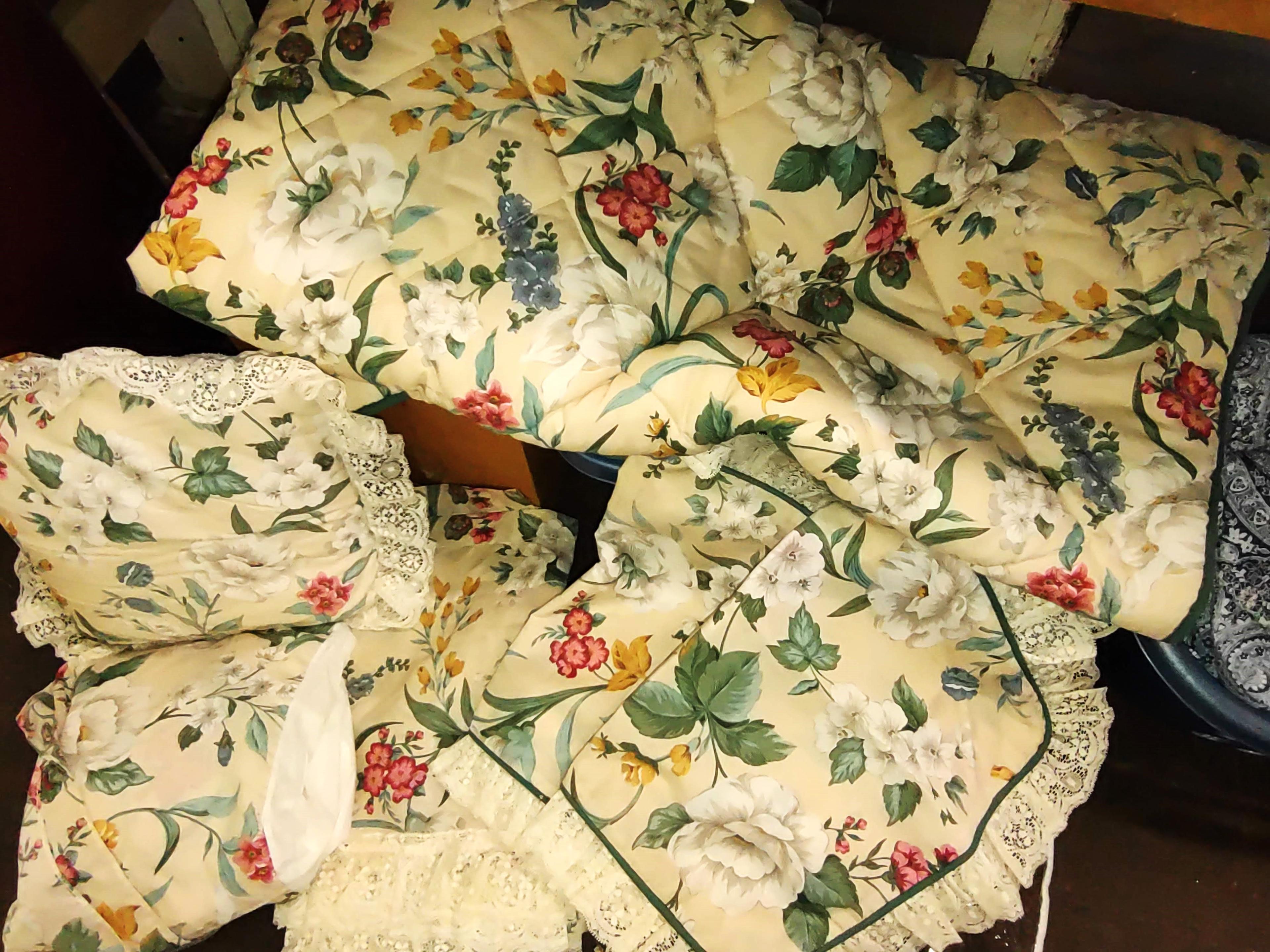 QUEEN SIZE BEDSPREAD, DUST RUFFLE, PILLOW, SHAMS, ETC., LAUNDRY BASKET -  PICK UP ONLY