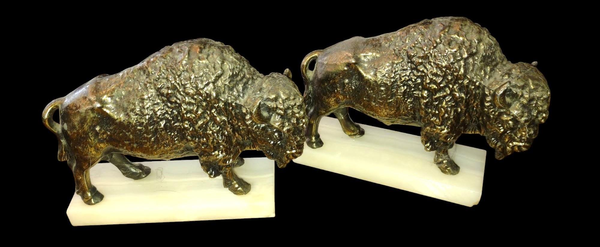 PAIR OF VINTAGE SPELTER BUFFALO on MARBLE BASES - PICK UP ONLY