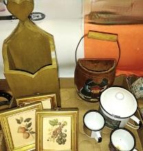 DECORATIVE WOODEN CANDLEBOX, ENAMEL CUPS, ETC. - PICK UP ONLY