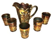 NORTHWOOD RASPBERRY with BASKET WEAVE CARNIVAL GLASS WATER PITCHER & TUMBLERS - PICK UP ONLY