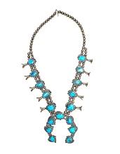 VINTAGE STERLING & TURQUOIS SQUASH BLOSSOM NECKLACE