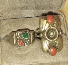 VINTAGE STERLING SILVER CORAL & GREEN ONYX RINGS - 19+ GRAMS