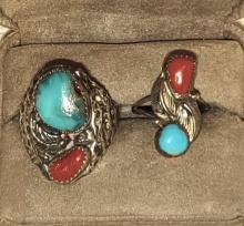 VINTAGE STERLING SILVER TURQUOISE & CORAL RINGS - 15.5 GRAMS