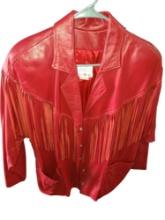 VINTAGE VAKKO by ANN TAYLOR RED LEATHER FRINGED JACKET - SIZE X SMALL