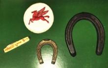 VINTAGE MOBIL OIL PEGASUS PATCH, COCA-COLA POCKET KNIFE & MINIATURE HORSESHOE