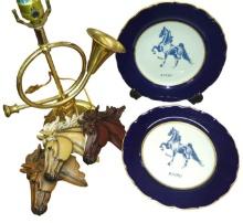 BRASS LAMP BASE, PAIR OF HORSE PLATES, ETC. -  PICK UP ONLY