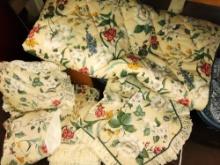 QUEEN SIZE BEDSPREAD, DUST RUFFLE, PILLOW, SHAMS, ETC., LAUNDRY BASKET -  PICK UP ONLY