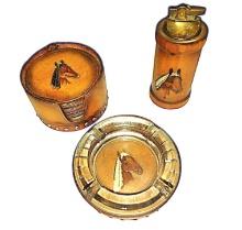 VINTAGE LEATHER EQUESTRIAN COASTERS, LIGHTER & ASHTRAY