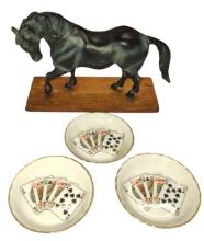 CAST IRON HORSE STATUE & ENGLISH ASHTRAYS - PICK UP ONLY