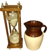 LARGE HOUR GLASS & STONEWARE PITCHER - PICK UP ONLY