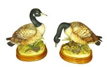 PAIR OF VINTAGE CERAMIC GEESE on WOODEN BASES