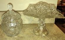 VINTAGE PATTERN GLASS BANANA BOAT & COVERED SUGAR - PICK UP ONLY