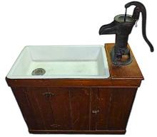 VINTAGE KITCHEN SINK CABINET & MOUNTED PITCHER PUMP - PICK UP ONLY