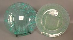 Pair of Consolidated 8" Plates Green Frosted Dancing ladies and Cockatoo Plate