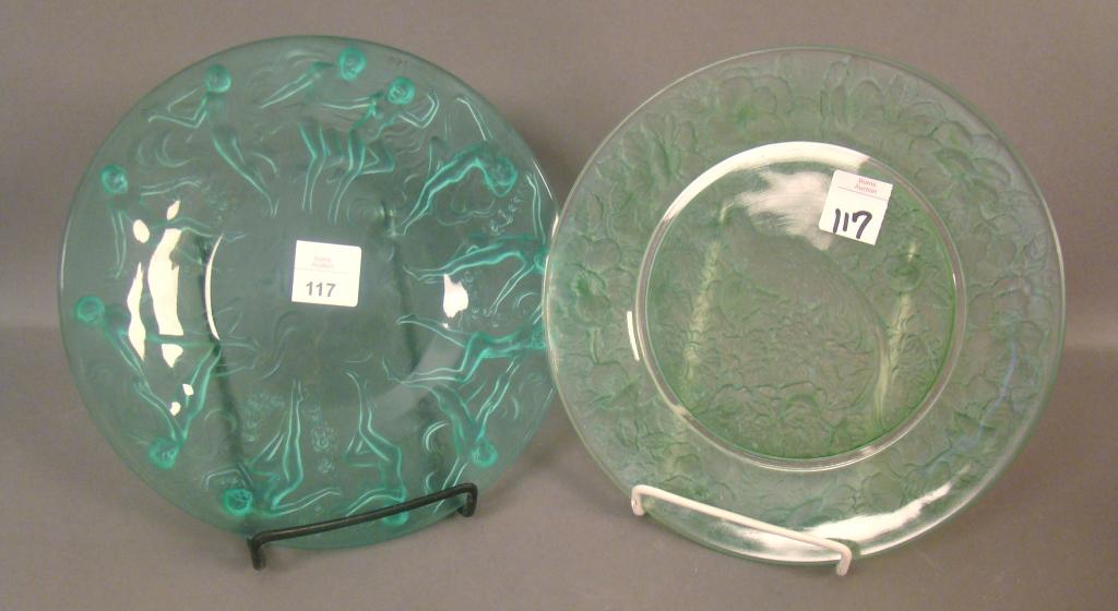 Pair of Consolidated 8" Plates Green Frosted Dancing ladies and Cockatoo Plate