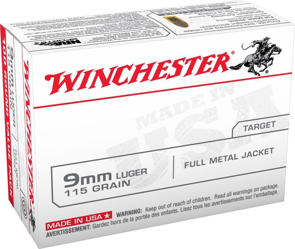 Winchester Ammo USA9MMVP USA 9mm Luger 115 gr Full Metal Jacket FMJ 100 Bx Value Pack