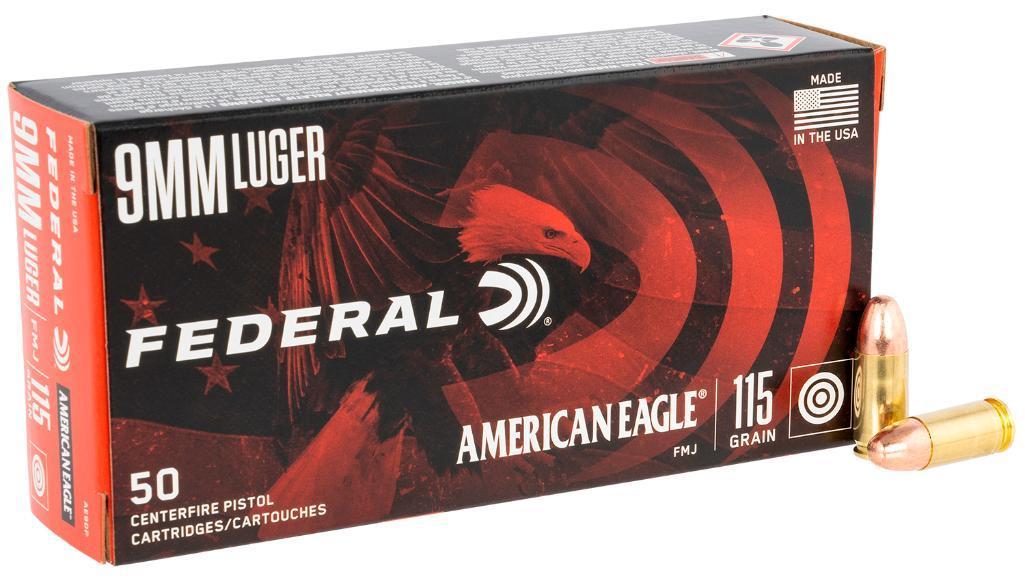 Federal AE9DP American Eagle Handgun 9mm Luger 115 gr Full Metal Jacket FMJ 50 Per Box