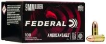 Federal AE9DP100 American Eagle Handgun 9mm Luger 115 gr Full Metal Jacket FMJ 100 Per Box