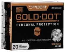 Speer 23606GD Gold Dot Personal Protection 380 ACP 90 gr 1040 fps Hollow Point HP 20 Bx