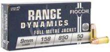 Fiocchi 9APE Range Dynamics Pistol 9mm Luger 158 gr Full Metal Jacket FMJ 50 Per Box