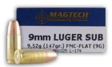 Magtech 9G Range/Training 9Mm Luger 147 Gr Full Metal Jacket Flat Subsonic 50 Bx