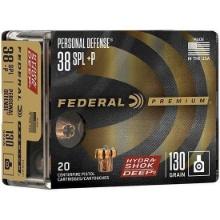 Federal P38Hsd1 Premium Personal Defense 38 Spl + P 130 Gr Hydra-Shok Deep Hollow Point 20 Bx