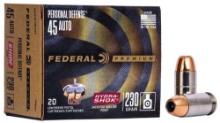Federal P45Hs1 Premium Personal Defense 45 Acp 230 Gr Hydra-Shok Jacketed Hollow Point 20 Bx