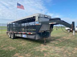 2021 24' x 6' Gooseneck Cattle Trailer, has 2... 8' Cuts, tandem axle, tires in good shape, tarp is 