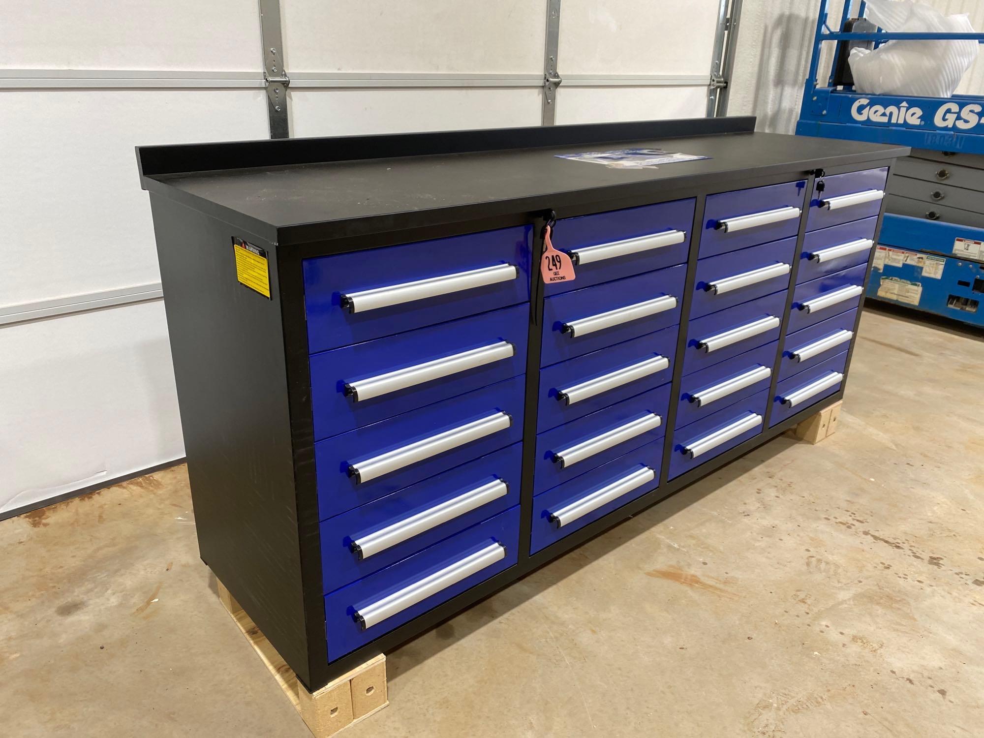 UNUSED 2022 STEELMAN...7 FT 20 DRAWER WORK BENCH 87/23/39 INCHES DRAWERS LOCK AND HAVE ANTI SLIP