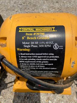 8" CENTRAL MACHINERY BENCH GRINDER 3/4 HP MOTOR IN GOOD WORKING CONDITION...