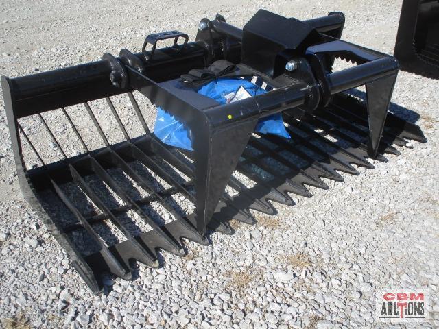 76" Skid Steer Industrial Rock Grapple Skeleton Bucket, With Single Cylinders With Hoses, Black,