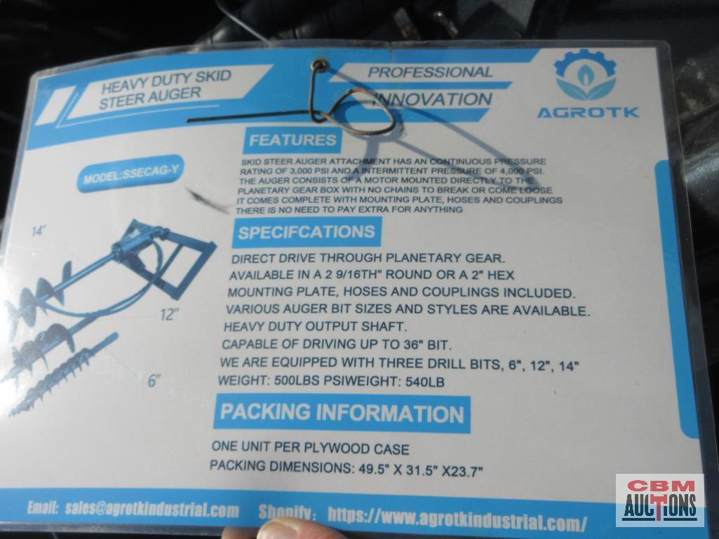 Mower King SSECAG-Y Skid Steer Hydraulic Post Hole Auger Drive & 6",12" & 14" Auger Bits (Unused) *1