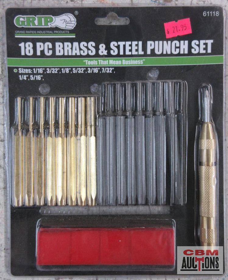 Grip 61118 18pc Brass & Steel Punch Set w/ Vinyl Storage Pouch... Sizes: 1/16"-1/16"