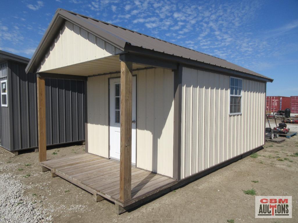 New 10'x16' With 4' Front Porch Barn Style Shed With Tan & Brown Metal, Storage Loft With Steps,