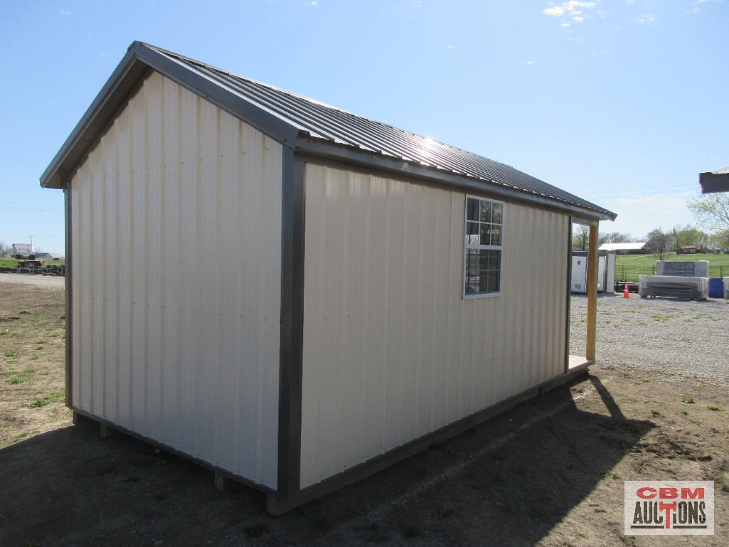 New 10'x16' With 4' Front Porch Barn Style Shed With Tan & Brown Metal, Storage Loft With Steps,
