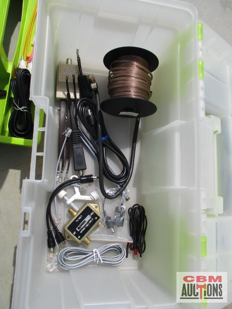 Green & Clear Tool Box w/ Cords, Wires, Zip Ties, Hand Tools & Misc *CRM