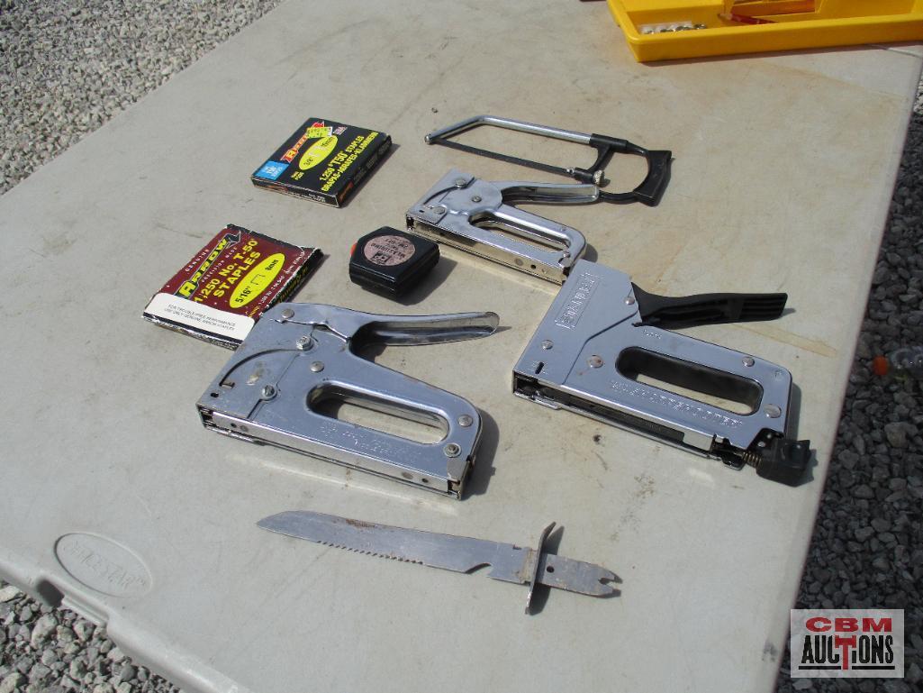 Black & Yellow Tool Box w/ Staple Guns, Staples, Combination Wrenches & Misc. Tools *CRM