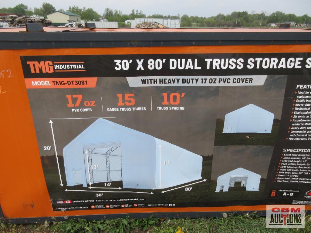 TMG Industrial 30' x 80' Dual Truss Storage Shelter with Heavy Duty 17 oz PVC Cover & Drive Through