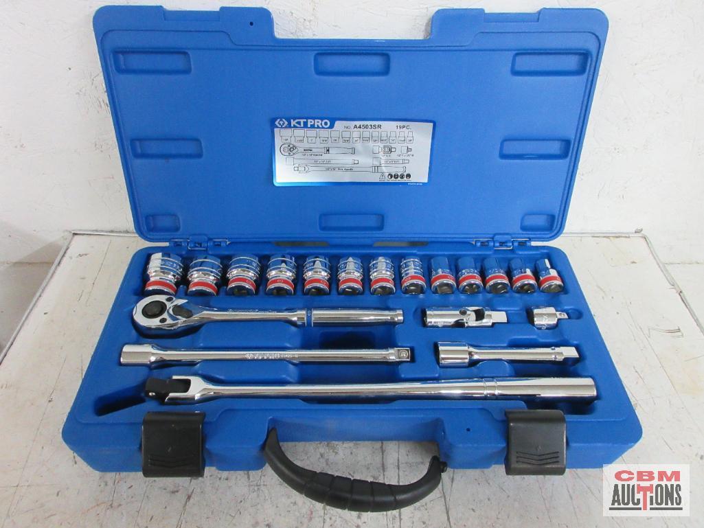 KT PRO A4503SR 19pc SAE 1/2" Dr. Socket Set w/ Molded Storage Case SAE Sockets 3/8" to 1-1/8" 5" &