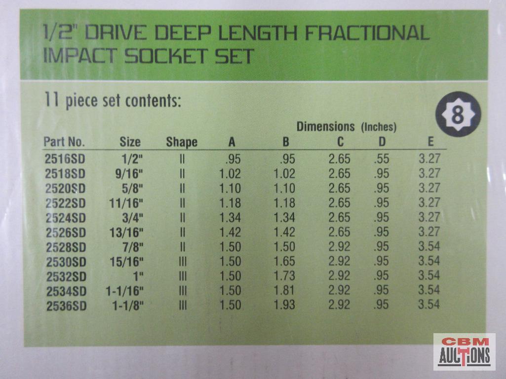 Grey Pneumatic 1311SD 1/2" Drive Deep Length Fractional Impact Socket Set (1/2" to 1-1/8") w/ Molded