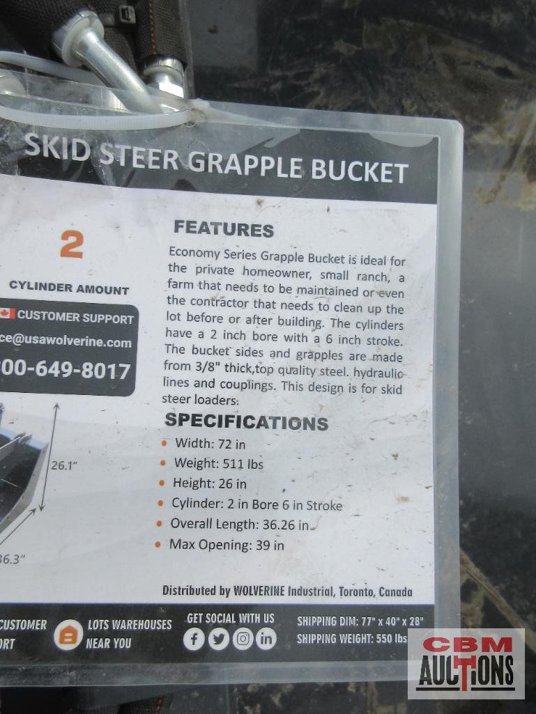 Wolverine GB-11-72W 72" Skid Steer Industrial Smooth Bottom Grapple Bucket Dual Cylinders With Hoses