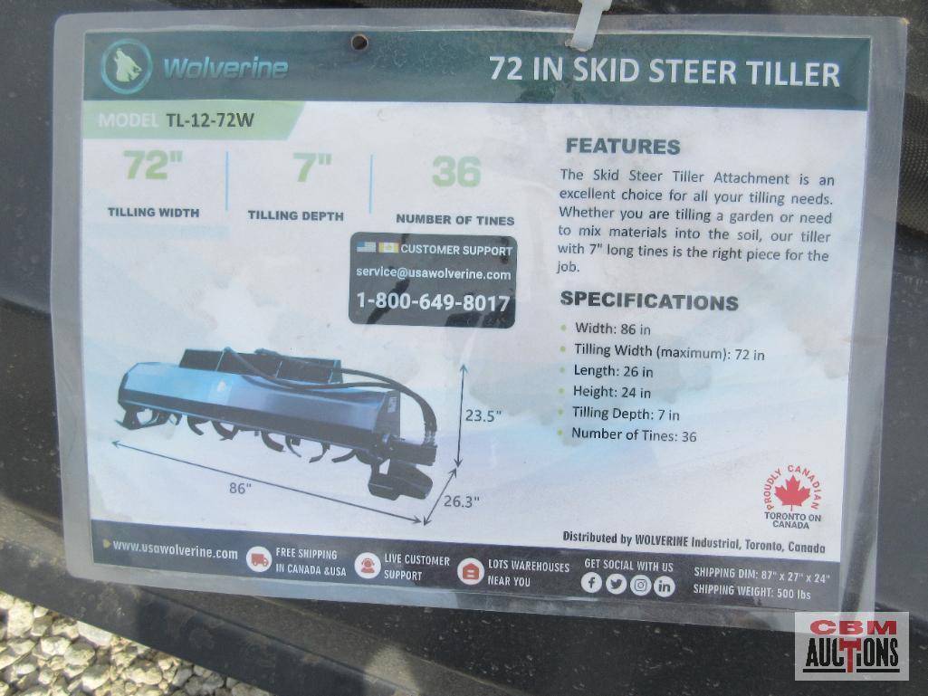 Wolverine TL-12-72W 72" Skid Steer Hydraulic Rotary Tiller With Hoses And Couplers 15-20 GPM S#0413